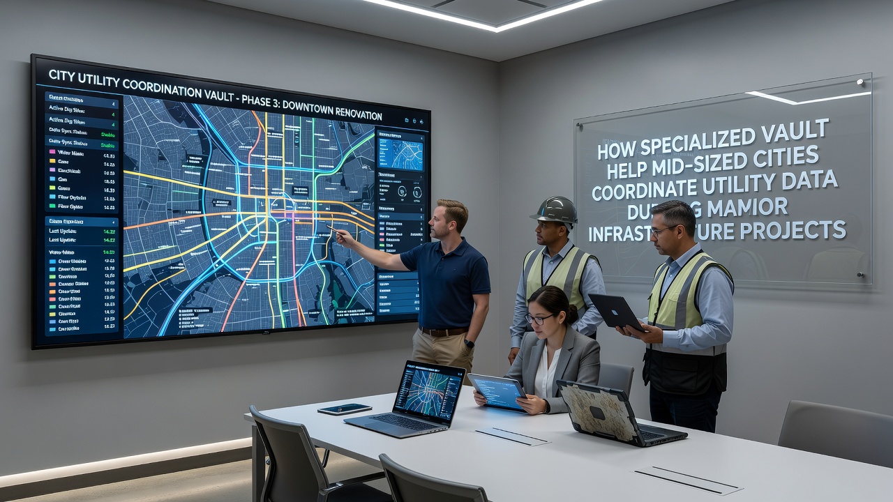 Utility workers reviewing vault system data on tablets during an infrastructure overhaul in a mid-sized city