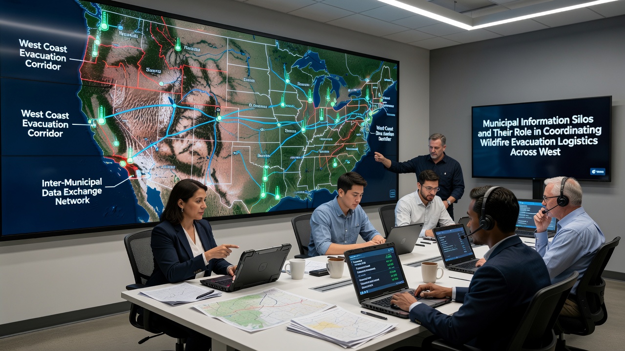 Emergency responders reviewing digital maps during a coordinated wildfire evacuation drill